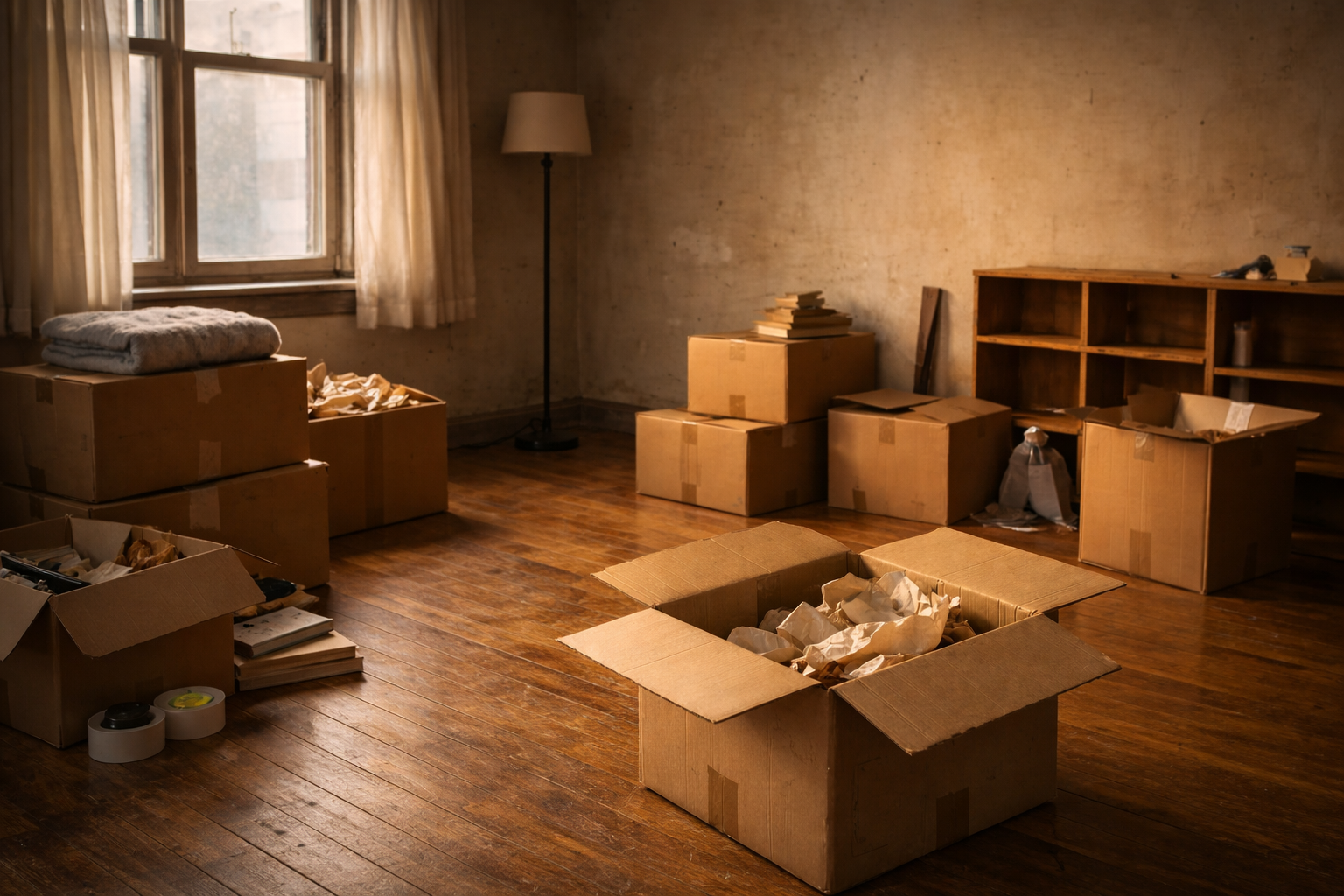 引っ越し前日の部屋。家具は残ったまま、音だけがよく響く夕方の室内